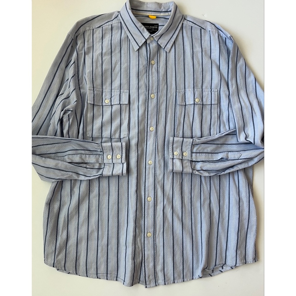 Nautica Jeans Co Men’s Blue Striped Long Sleeve Button Down Shirt Size XL